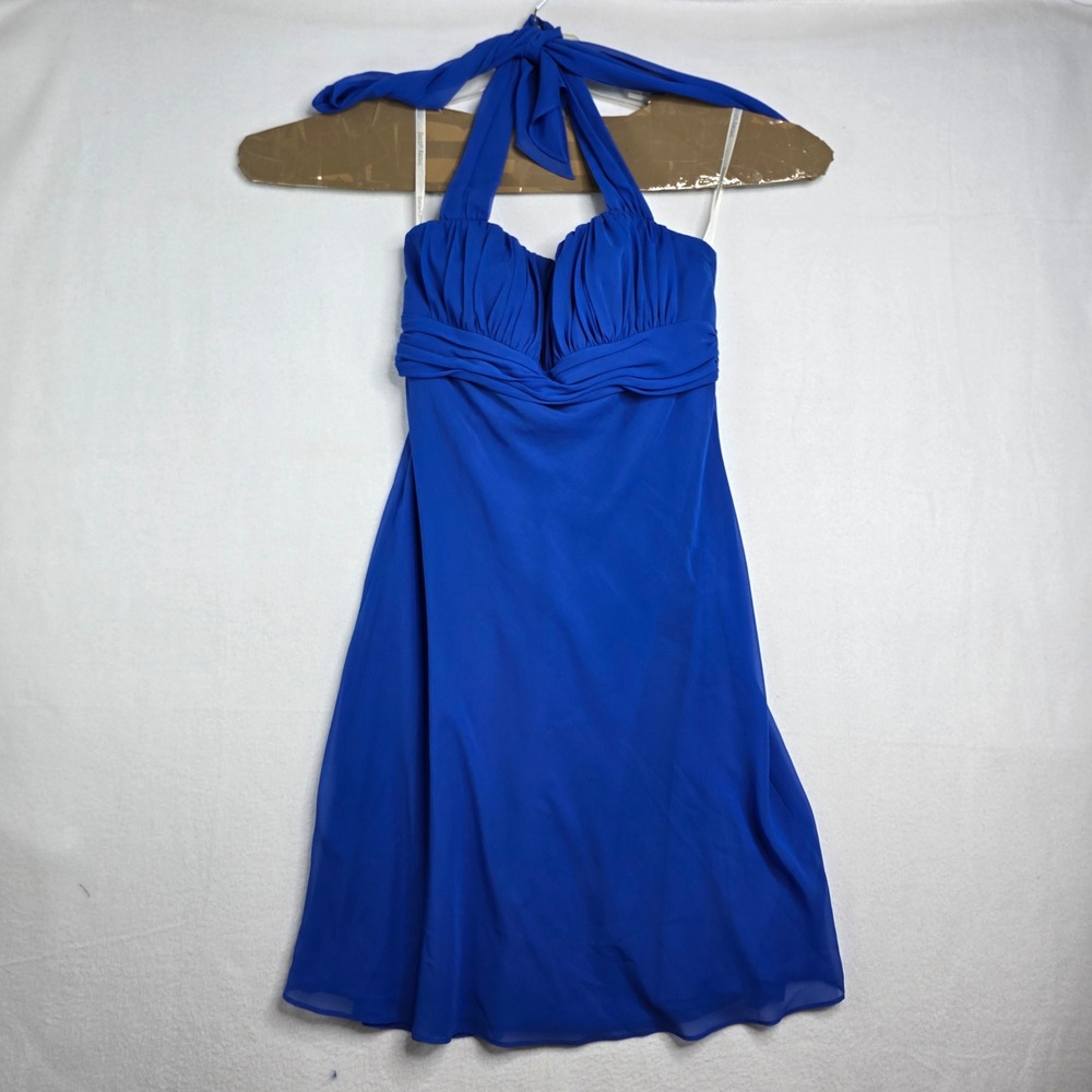 David's Bridal 4 Royal Blue Halter Ruched Chiffon Dress Style F13954 formal prom